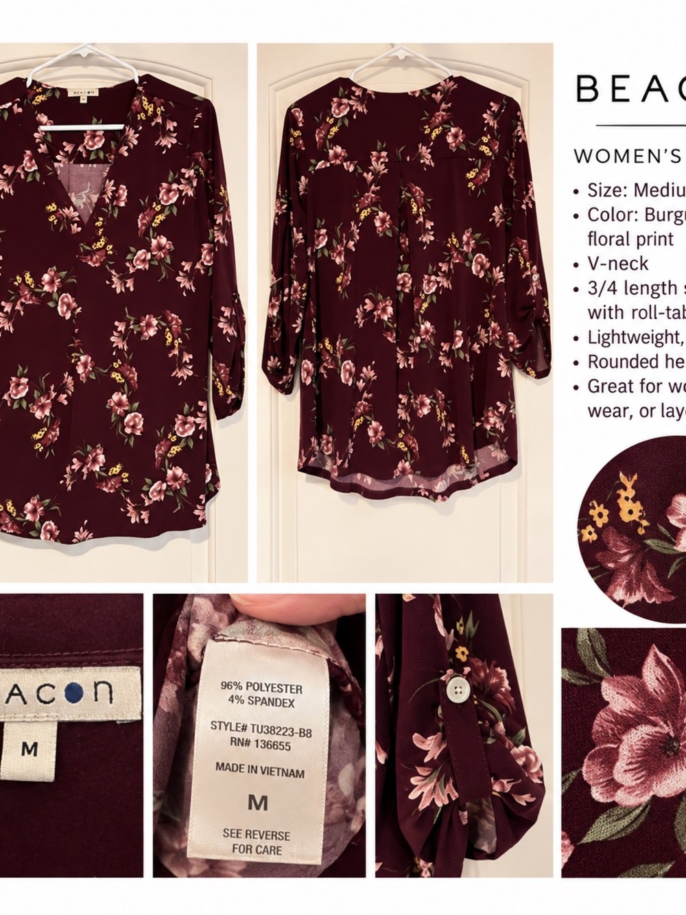 Beacon Burgundy Floral V-Neck 3/4 Sleeve Tunic